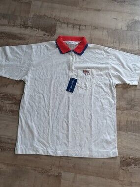White Polo Shirt with Red & Blue Contrast Collar